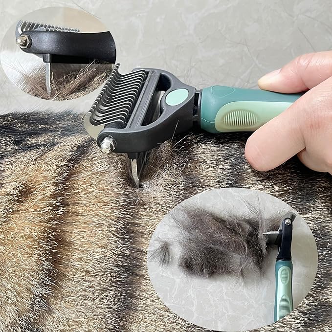 Pet Grooming 2 in 1 Rake Comb Dog Undercoat Dematting Deshedding Brush Hair Removal Tool for Pets Removing Mats and Tangles (Large)