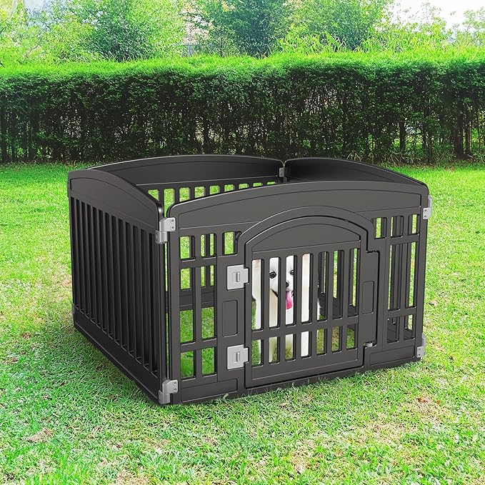 Sweetcrispy Plastic Dog Playpen - 4-Panel 24" Expandable & Durable Pet Fence for Small to Medium Dogs - Indoor & Outdoor Portable Puppy Playpen with Secure Locking Door, Black