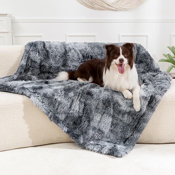 gogobunny Waterproof Dog Blankets for Medium Large Dogs, Soft Fluffy Long Faux Fur Calming Cat Blanket for Couch Bed, Warm Flannel Washable Furniture Protector (40x50 Inch (Pack of 1), Tie-dye Grey)