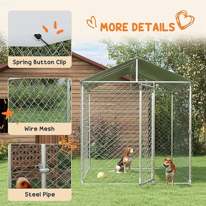 PawHut Large Dog Kennel Outside, Heavy Duty Dog Cage with Waterproof Cover, Outdoor Fence Dog Run with Galvanized Chain Link, Secure Lock, 6.6' x 6.6' x 7.8'