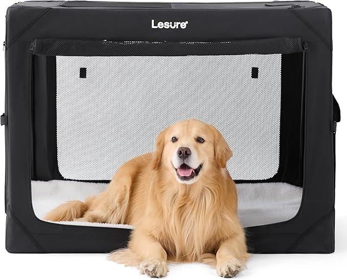 Lesure Collapsible Dog Crate - Portable Travel Kennel for Extra Large Dog, 4-Door Pet Crate with Durable Mesh Windows, Indoor & Outdoor, Black