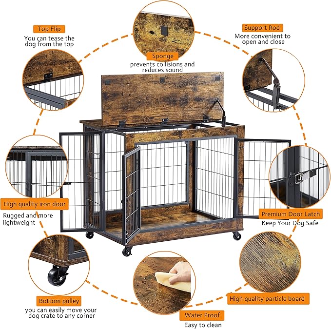 NicBex Dog Crate Furniture Dog Cage with 3 Doors and Lift Top, Dog Kennels for Inside Space, Wooden Dog Crate on Wheels with Durable Frame for Multiple Dogs, Rustic Brown