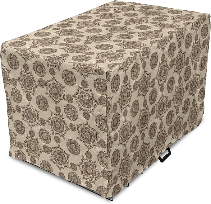 Lunarable Cream Dog Crate Cover, Vintage Eastern Inspired Design with Symmetrical Elements Abstract Flower Arrangement, Easy to Use Pet Kennel Cover for Medium Large Dogs, 48 Inch, Tan Brown