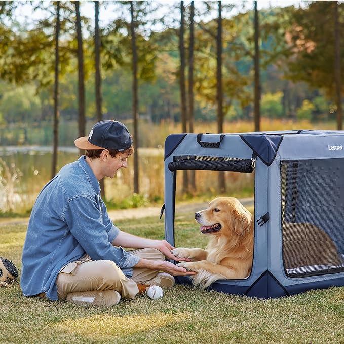 Lesure Collapsible Dog Crate - Portable Travel Kennel for Extra Large Dog, 4-Door Pet Crate with Durable Mesh Windows, Indoor & Outdoor, Blue