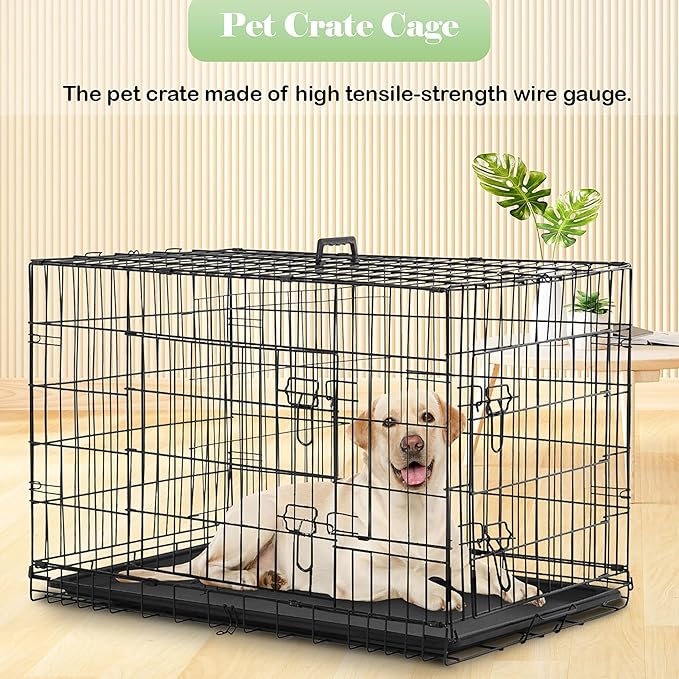 Furniture of America Yucca Metal Double Door Folding Wire Pet Crate with Divider, Removable Tray, and Handle for Outdoor and Indoor Medium Dog, 48-inch, Black