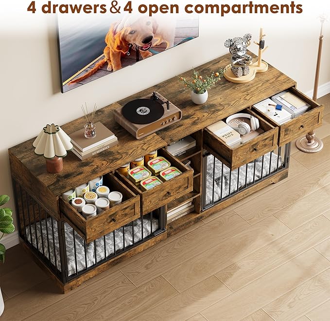 82” Double Dog Crate Furniture, Large Dog Kennel Indoor for 2 Dogs, Heavy Duty Wooden Dog Crate TV Stand with 4 Drawers and Shelves, Brown