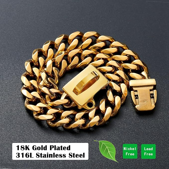Gold Chain Dog Collar,13MM Strong Stainless Steel Cuban Link Chain Necklace Collar for Small Dogs(10'' Length)