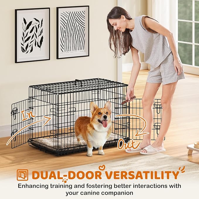 Yaheetech 36 inch Double Door Dog Crate w/Divider for Puppy, Collapsible Metal Dog Kennel with Removable Tray, Portable Travel Cage, Black