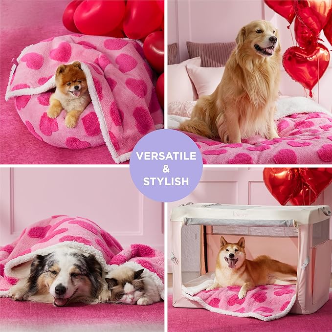 Lesure Waterproof Puppy Blanket for Small Dogs - Washable Double Sided Dog Blankets with Warm Jacquard Shag and Soft Sherpa Fleece, Pet Cat Blanket for Couch Protection, Love Pattern Design,Pink