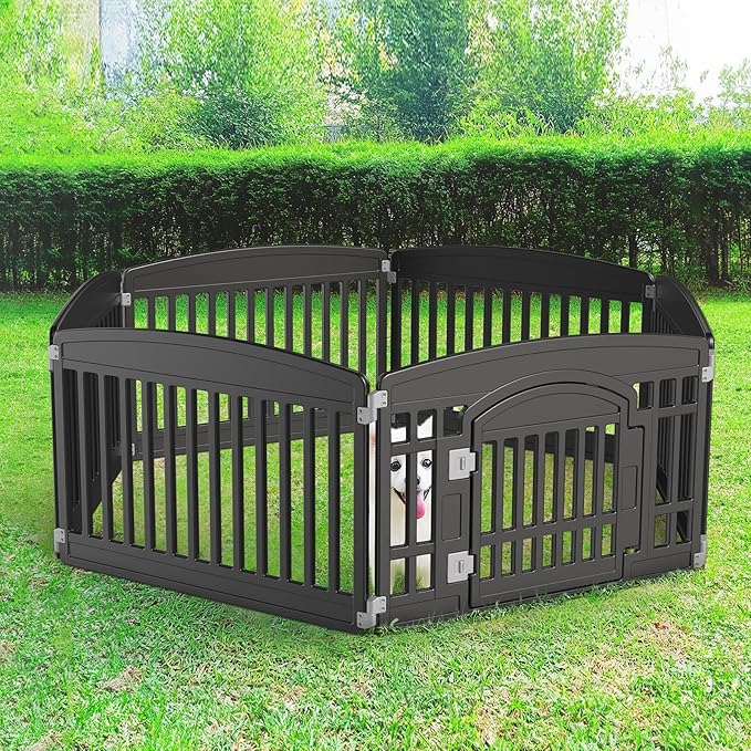 Sweetcrispy Plastic Dog Playpen - 6-Panel 24" Expandable & Durable Pet Fence for Medium Dogs - Indoor & Outdoor Portable Puppy Playpen with Secure Locking Door, Black