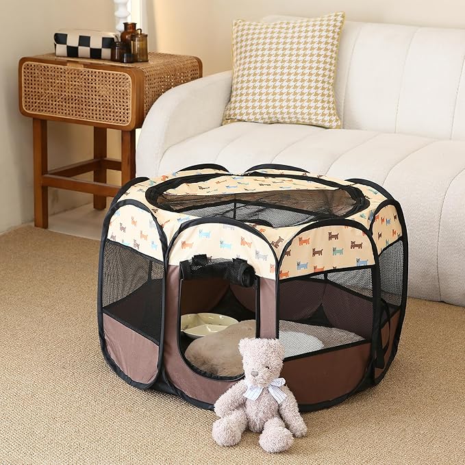 Sea Team Foldable Pet Playpen - Portable, Soft Pop-Up Design for Dogs, Cats and Kittens - Breathable Mesh Fabric Cage - Lightweight and Indoor/Outdoor Use