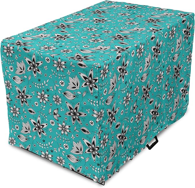 Lunarable Flower Dog Crate Cover, Abstract Monochrome Floral with Botanical Items, Easy to Use Pet Kennel Cover for Medium Large Dogs, 42 Inch, Seafoam Grey