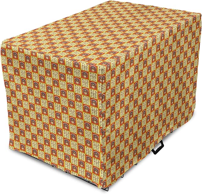 Lunarable Thanksgiving Dog Crate Cover, Checkered Pattern with Funny Cartoon Gobbler and Fallen Autumn Leaves, Easy to Use Pet Kennel Cover for Medium Large Dogs, 36 Inch, Red Yellow Brown