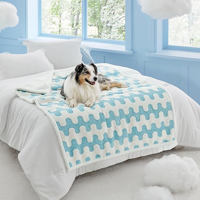Lesure Waterproof Dog Blanket for Large Dogs - Washable Double Sided Dog Blankets with Warm Jacquard Shag and Soft Sherpa Fleece, Pet Cat Blanket for Bed Couch Protection, 3D Textured Wave, Blue