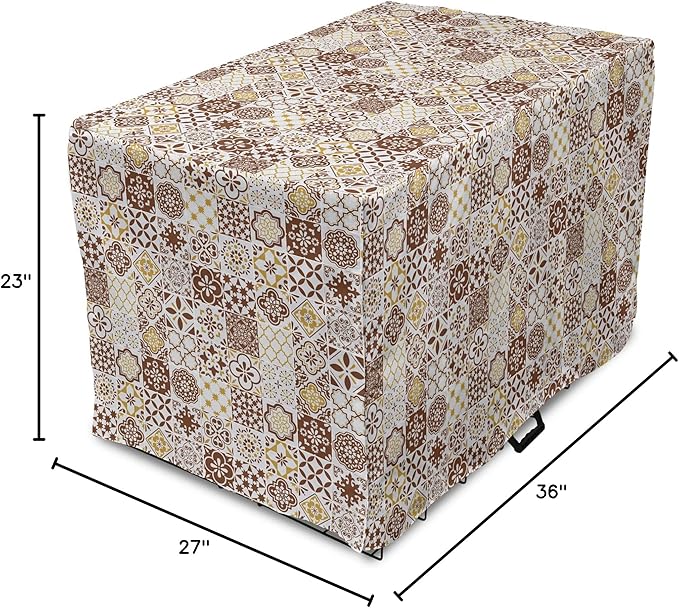 Lunarable Ethnic Dog Crate Cover, Portuguese Azulejo Mosaics with Floral Scrolls Retro Mediterranean, Easy to Use Pet Kennel Cover for Medium Large Dogs, 36 Inch, Chocolate Earth Yellow
