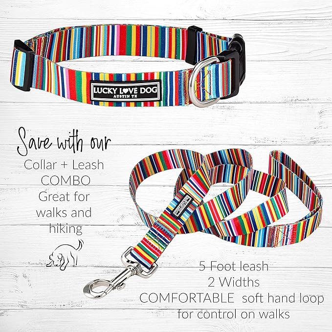 Lucky Love Dog Combo Set,Rainbow Dog Collar & Leash Set for X-Small Dogs, Colorful Matching Collar and Leash Set for Girl or Boy Dogs, Rainbow Stripes Hippie Combo, XS