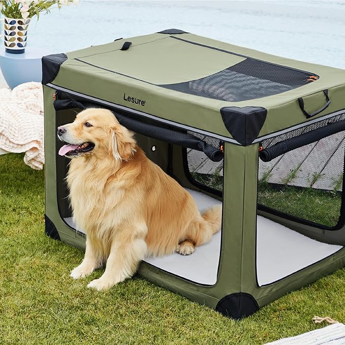 Lesure Soft Collapsible Dog Crate - 42 Inch Portable Travel Crate for Extra Large Dogs Indoor & Outdoor, 4-Door Foldable Pet Kennel with Durable Mesh Windows, Green
