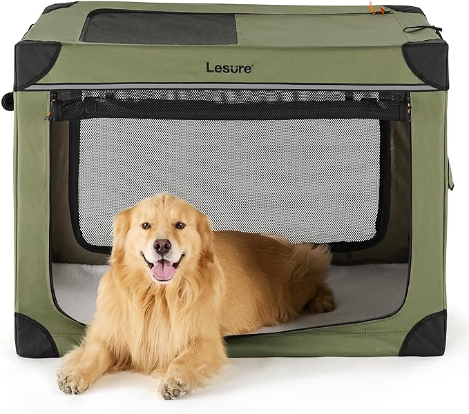 Lesure Soft Collapsible Dog Crate - 42 Inch Portable Travel Crate for Extra Large Dogs Indoor & Outdoor, 4-Door Foldable Pet Kennel with Durable Mesh Windows, Green