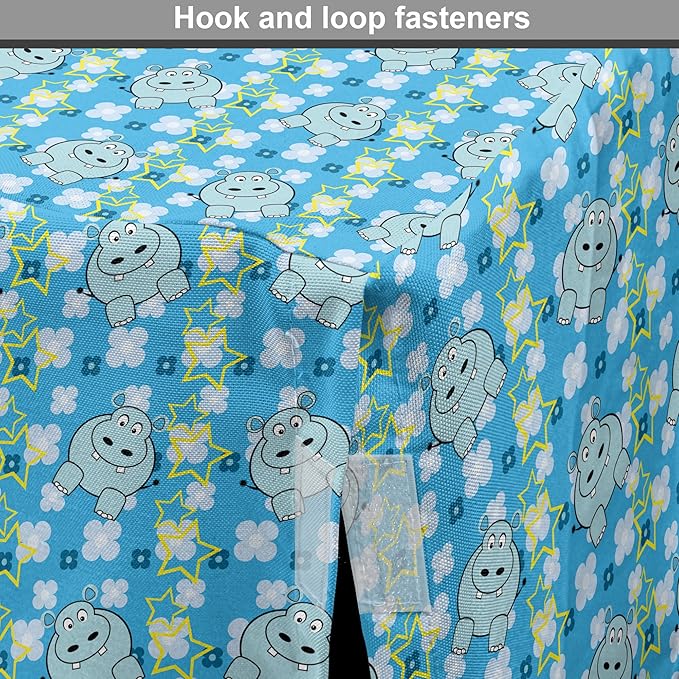 Lunarable Yellow and Blue Dog Crate Cover, Funny Cartoon Hippopotamus with Stars and Daisy Flowers, Easy to Use Pet Kennel Cover for Medium Large Dogs, 42 Inch, Pale Blue White Yellow