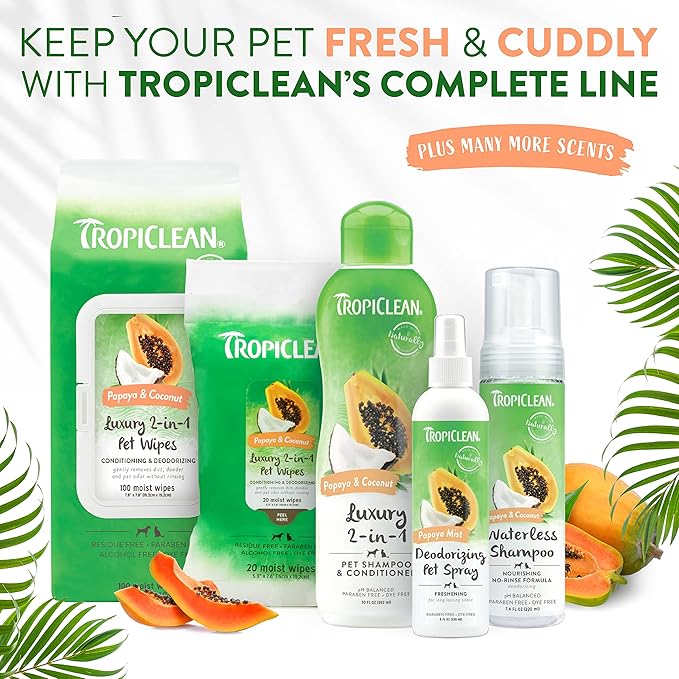 TropiClean Dog Wipes for Paws, Butt, Face, and Body, Anytime Cleaning and Deodorizing Pet Wipes, Safe for Licking, Papaya Scent, Cat Safe, 100ct