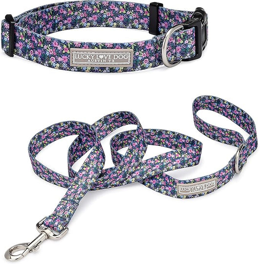 Lucky Love Dog - Easy Click Buckle Dog Collar with Leash Set Combo, Durable & Comfortable Collar for Male & Female Dogs, Pet Collar for Small to Large Dogs, Secure Fit - Primrose Combo, Medium
