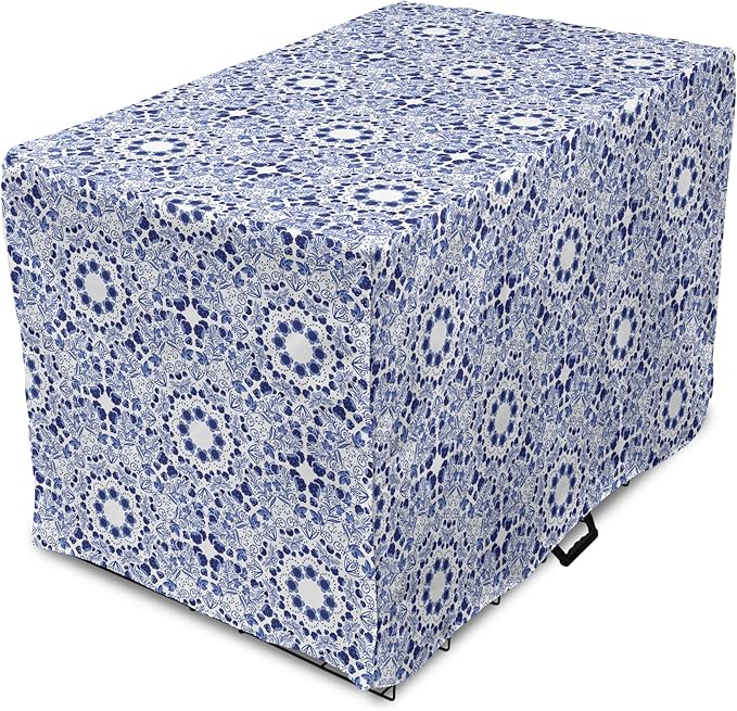 Lunarable Traditional Dog Crate Cover, Circular Flowers and Stripes Ethnic Gzhel Pattern Classic Motifs Art, Easy to Use Pet Kennel Cover for Cats & Medium Dogs, 30 Inch, Pale Blue