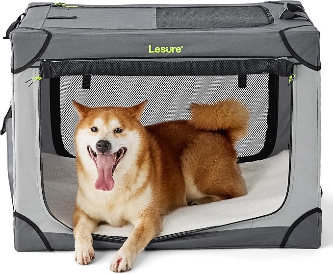 Lesure Soft Collapsible Dog Crate - 30 Inch Portable Travel Crate for Medium Dogs Indoor & Outdoor, 4-Door Foldable Pet Kennel with Durable Mesh Windows, Grey