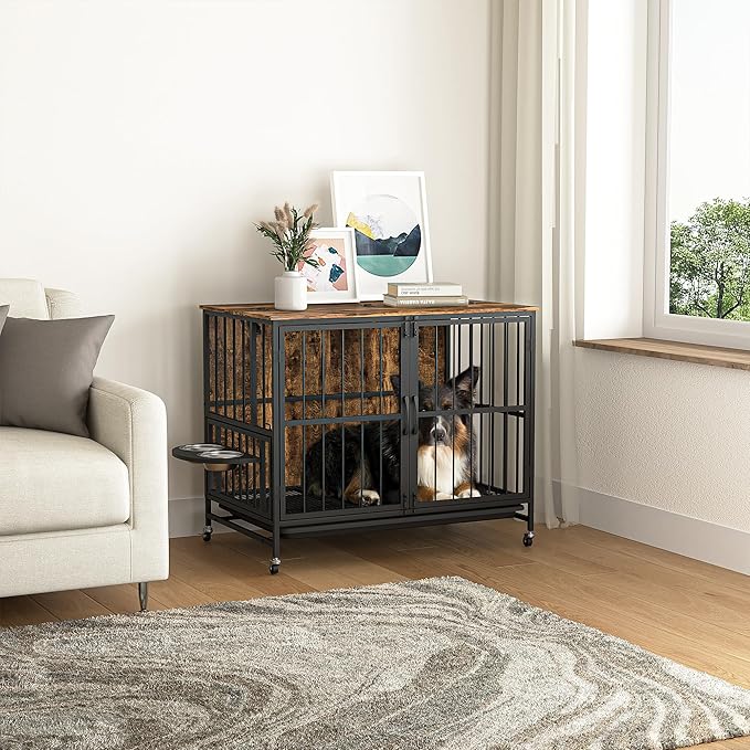 NicBex Dog Crate Furniture Dog Cage with 360 Degree Rotation Height Adjustable Feeding Bowls, Dog Kennels for Inside, Wooden Dog Crate with Lift Panel and Wheels, Antique Brown