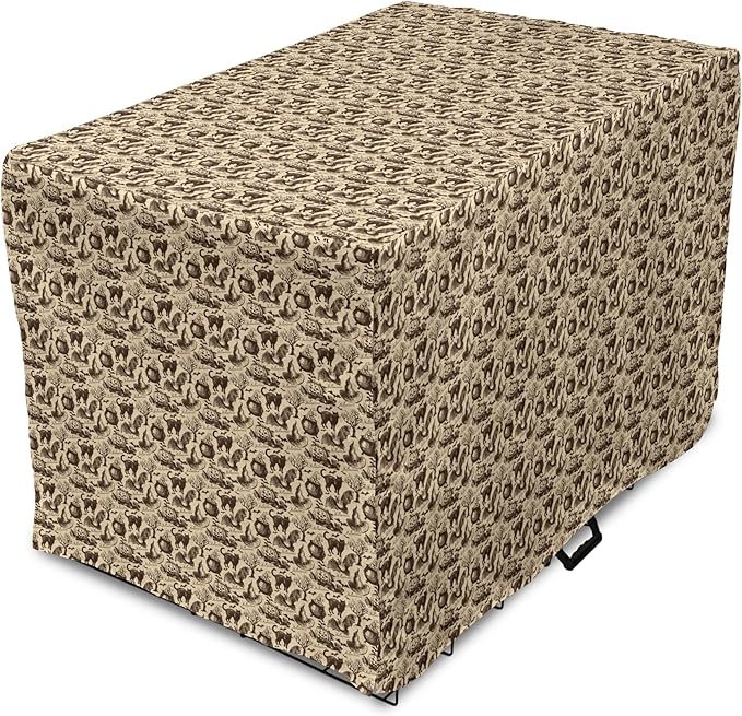 Lunarable Vintage Halloween Dog Crate Cover, Halloween Witch Hat Cauldron Fall Jack o' Lantern Black Cat, Easy to Use Pet Kennel Cover for Medium Large Dogs, 42 Inch, Pale Brown