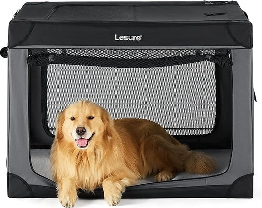 Lesure Soft Collapsible Dog Crate - 42 Inch Portable Travel Crate for Extra Large Dogs Indoor & Outdoor, 4-Door Foldable Pet Kennel with Durable Mesh Windows, Black
