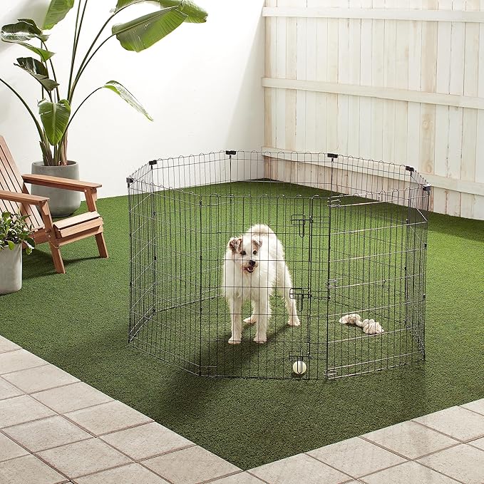 Amazon Basics Foldable Octagonal Metal Exercise Dog Playpen - Indoor/Outdoor, Single Door, Medium (8 Panels, 24 x 36), Easy to assemble and store, 36" - Medium, Black