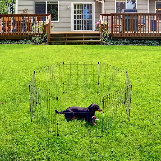 IRIS USA Metal Dog Playpen, 8-Panel 24" Pet Playpen, Puppy Playpen, Indoor/Outdoor Dog Fence, 58 x 58 x 24, Foldable, Customizable, Black
