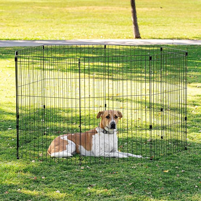 IRIS USA Metal Dog Playpen, 8-Panel 36" Pet Playpen, Puppy Playpen, Indoor/Outdoor Dog Fence, 58 x 58 x 36, Foldable, Customizable, Black