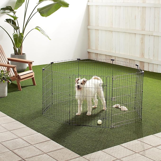 Amazon Basics Foldable Octagonal Metal Exercise Dog Playpen - Indoor/Outdoor, Single Door, Small (8 Panels, 24 x 30), Easy to assemble and store, 30" - Small, , Black