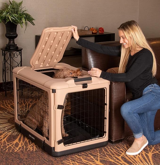Pet Gear “The Other Door” 4 Door Steel Crate for Dogs/Cats with Garage-Style Door, Includes Plush Bed + Travel Bag, No Tools Required, Beige