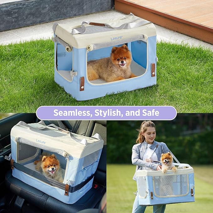 Lesure Collapsible Travel Dog Crate for Small Dogs, Portable Soft Dog Crate for Outdoor & Indoor, Folding Fabric Dog Kennel with Handle, 24 Inch Heavy Duty Pet Carrier (Blue)