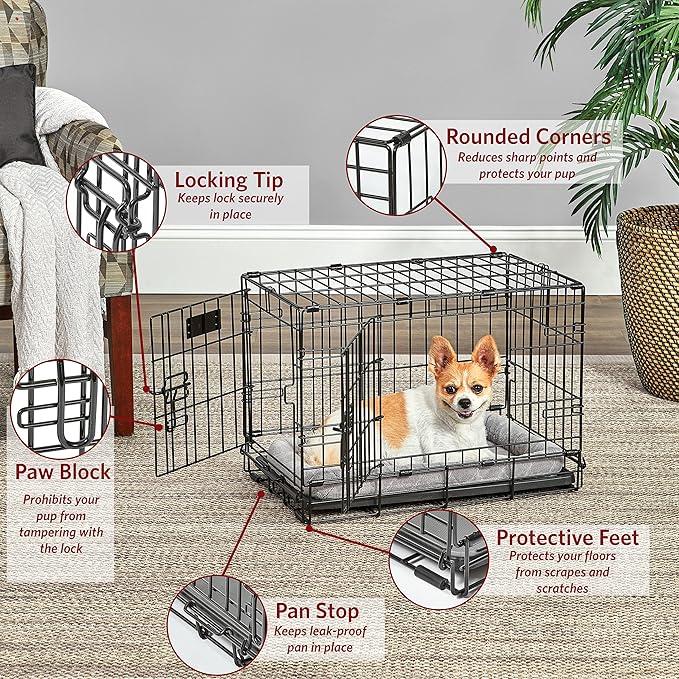 MidWest Homes for Pets Dog Crate | Midwest Life Stages XS Double Door Folding Metal Dog Crate | Divider Panel, Floor Protecting Feet, Leak-Proof Dog Pan | 22.5L x 14W x 16H inches, XS Dog Breed