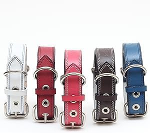 Genuine Leather Dog Collars with Stainless Steel Buckle and Double D Rings – (12"-15", Tan)