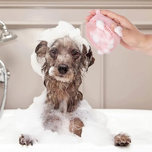 Pet Bath Brush Pet Scrubber for Bath Dog Shampoo Brush Dog Bathing Brush Pet Bubble Brush with Silicone Handle for Short Long Haired Dogs and Cats Cepillo de baño para perros (Pink)