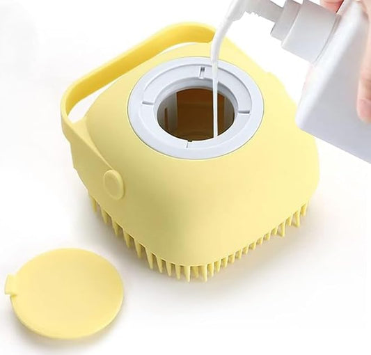 Pet Grooming Bath Massage Brush with Soap and Shampoo Dispenser, Soft Silicone Bristles for Long/Short Hair Dogs & Cats, Shower, Yellow