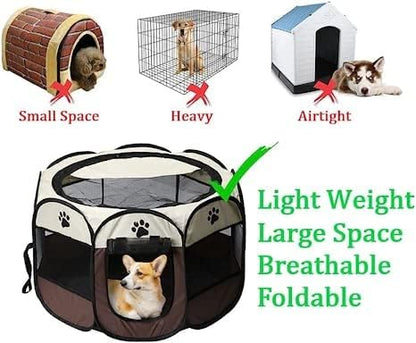 Hentay-Dog Playpen Portable Pet Play Pens for Small Dog,Cat/Rabbit/Chicks, Kitten Pen & Travel Pet Carrier + Carrying Case. (Small, Brown)