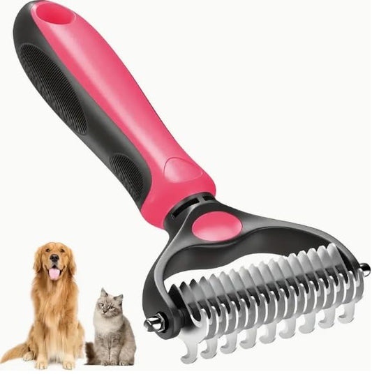 Grooming Tool for Dogs & Cats Brush - Double Sided Undercoat Rake for Dogs & Cats, Grooming Brush with Easy Clean Retractable Bristles - Cat and Dog Grooming Tool (Rose Red)