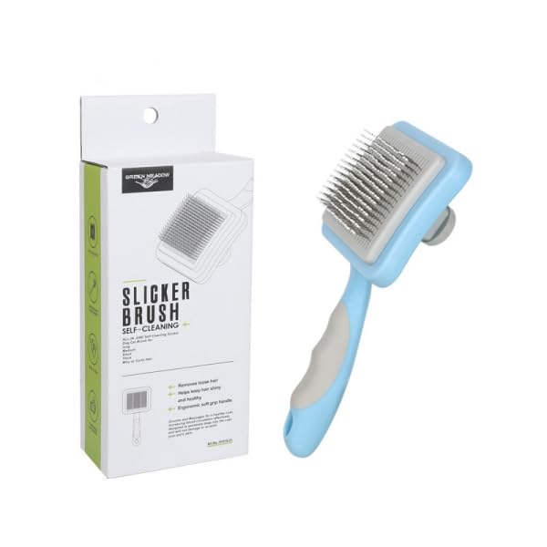 Dog Brush Cat Brush,Pet Grooming Brush,Self Cleaning Cat Dog Slicker Brushes with Smooth Handle, Removes Loose hair & Tangles,Skin Friendly & Promote Circulation-Blue