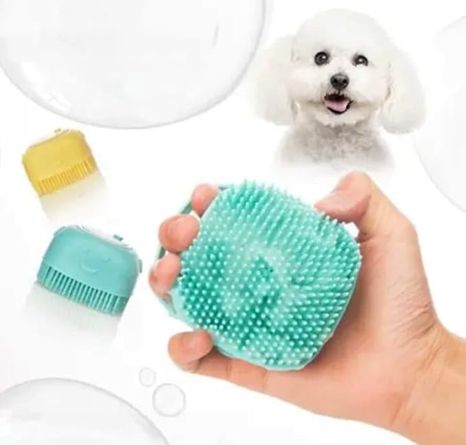 Pet Grooming Bath Massage Brush with Soap and Shampoo Dispenser, Soft Silicone Bristles for Long/Short Hair Dogs & Cats, Shower, Yellow