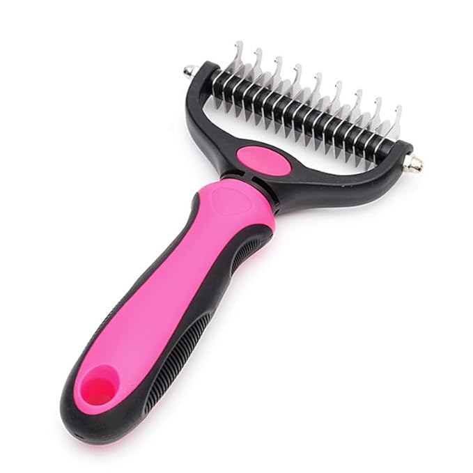 Pet Comb Stainless Steel Double-Sided Shedding Demitting Cat Dog Rake Pet Brush With Stainless Steel Dog Tag, Paw Pet Stainless (Pink)