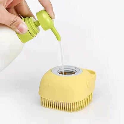 Pet Dog Bath Brush Soft Silicone Dog Shampoo Brush, Fur Grooming Cleaning Brush Shampoo Dispenser (Yellow)