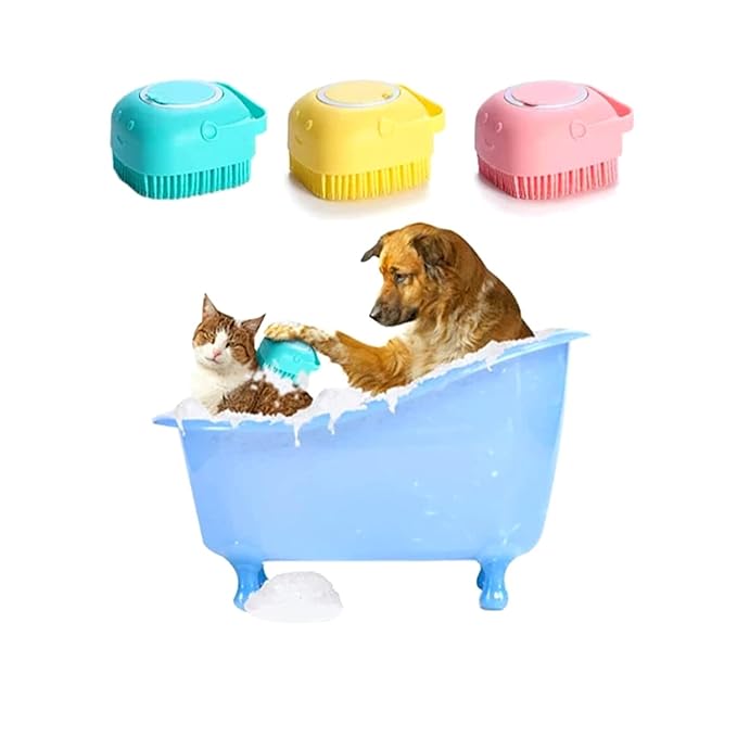 Sin American Dog Cat Bath Brush Comb Silicone Rubber Dog Grooming Brush Silicone Puppy Massage Brush Hair Fur Grooming Cleaning Brush Soft Shampoo Dispenser(Yellow)