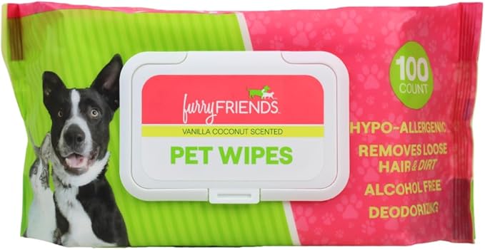 FurryFriends Pet Wipes | Vanilla Coconut Scented | Hypo-allergenic | Alcohol Free| Deodorizing | Removes Loose Hair & Dirt | Incredibly Clean | 100 ct. 1 Pack
