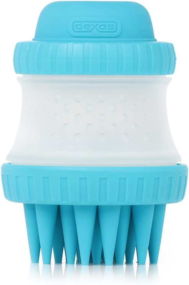 Dexas ScrubBuster Silicone Dog Washing Brush with Built-in Shampoo Reservoir, Blue, One Size (PW73022-312)