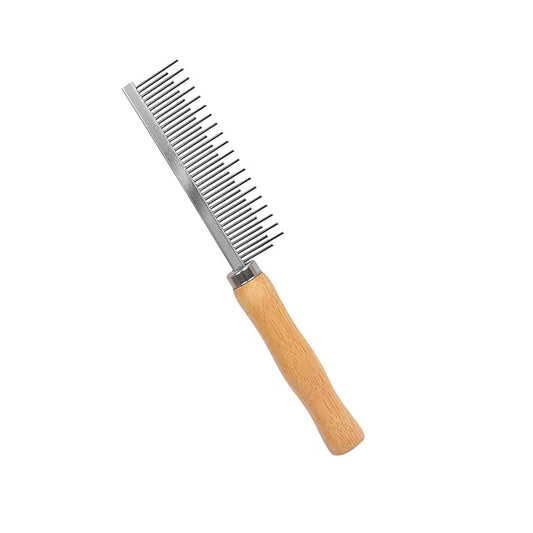 Wooden Handle Dog Cat Grooming Comb, Groom and Remove Debris and Mats for Long and Short Haired Pets (Short & Long Teeth)